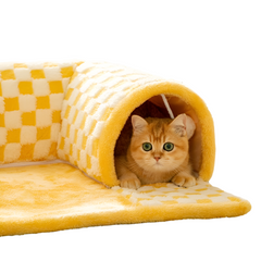 2-in-1 Plush Plaid Checkered Cat Tunnel Bed