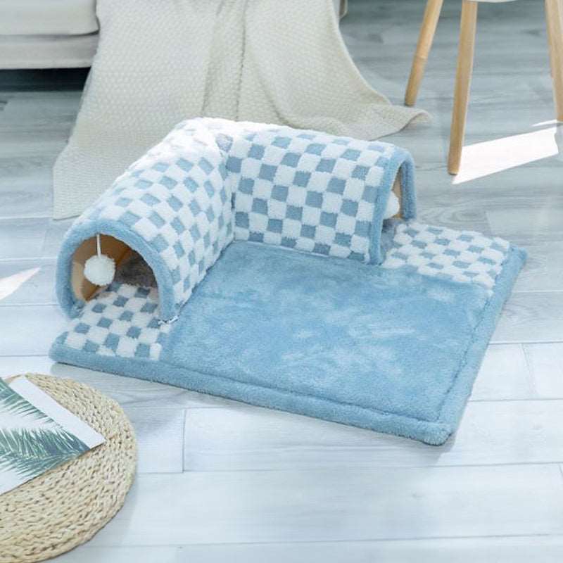 2-in-1 Plush Plaid Checkered Cat Tunnel  Bed