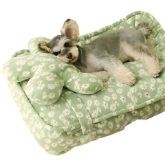 Daisy Pattern Warm Soft Calming Dog Bed With Flower Pillow