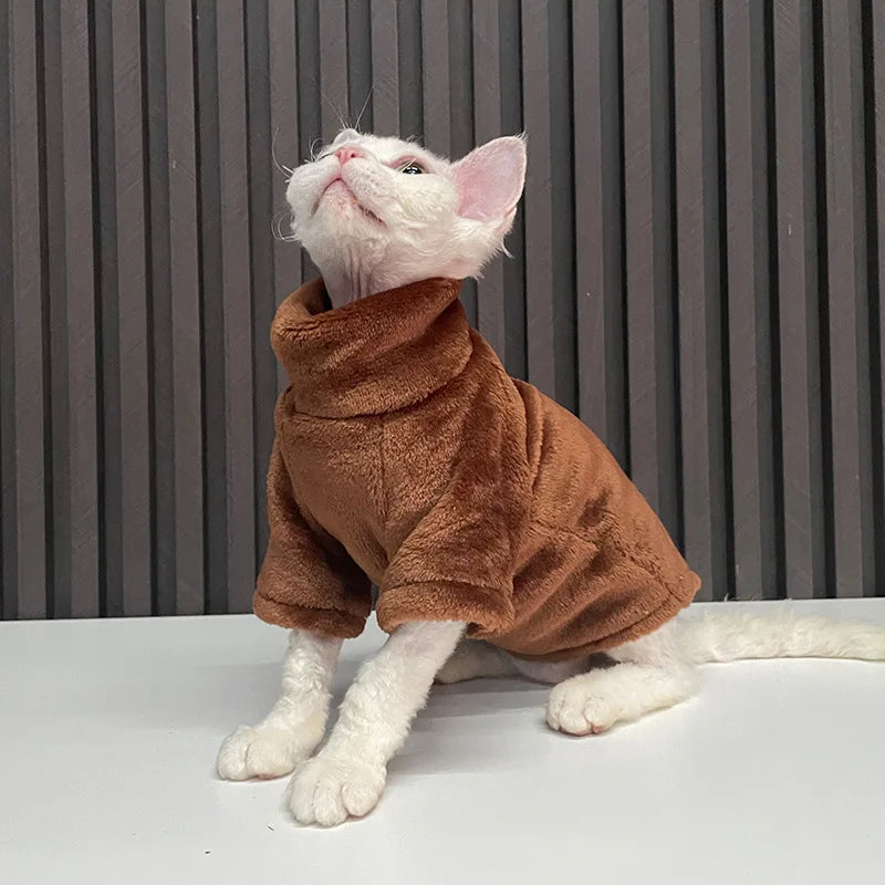 Turtleneck Cat Sweater Coat Winter Warm Hairless Cat Clothes Soft Plush Pullover