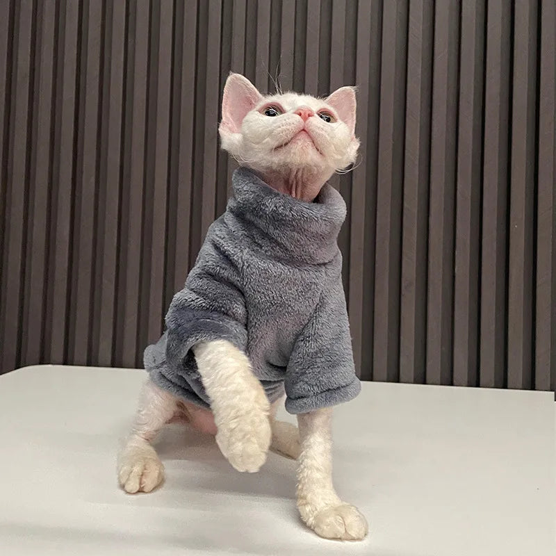 Turtleneck Cat Sweater Coat Winter Warm Hairless Cat Clothes Soft Plush Pullover