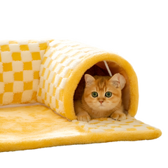 2-in-1 Plush Plaid Checkered Cat Tunnel  Bed