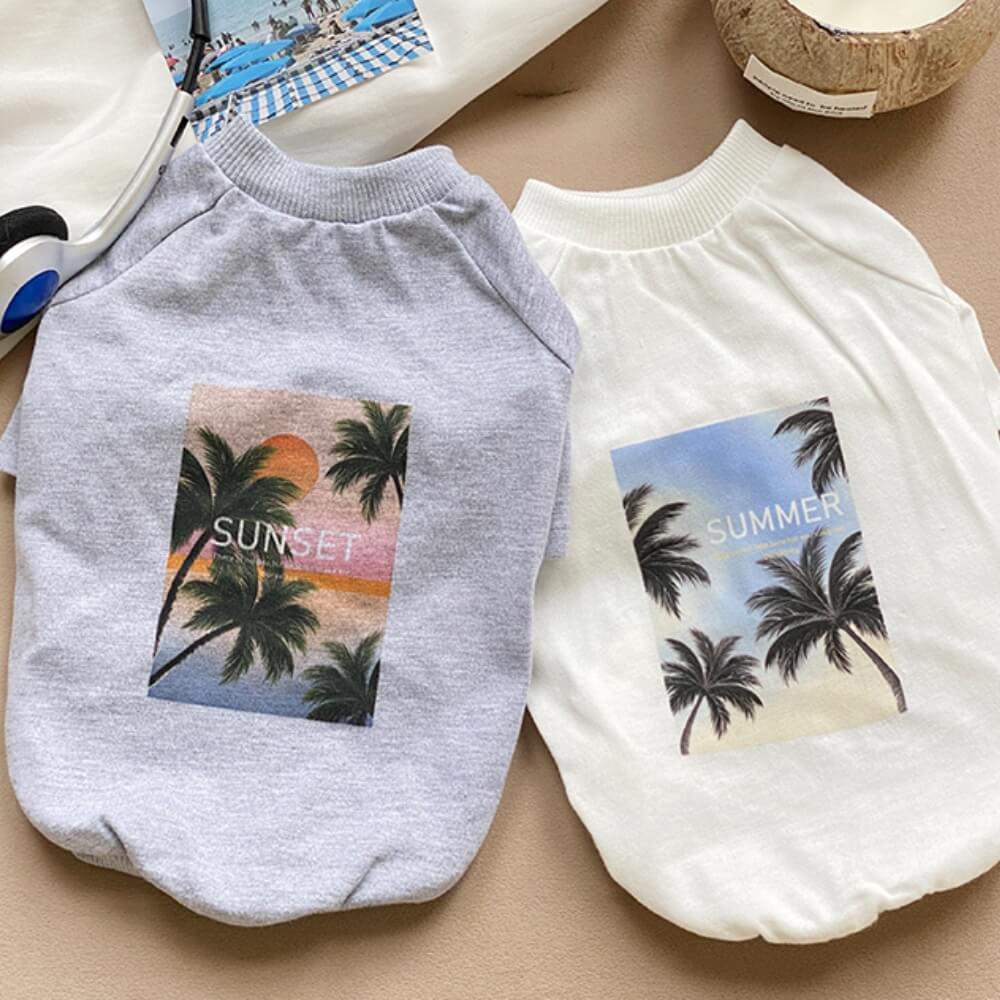 Summer Palm Tree Print Round-Neck Matching Tees for Dog and Owner