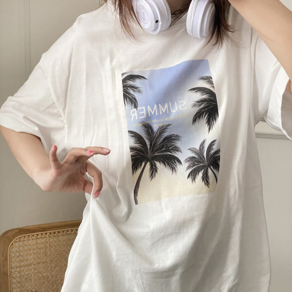 Summer Palm Tree Print Round-Neck Matching Tees for Dog and Owner