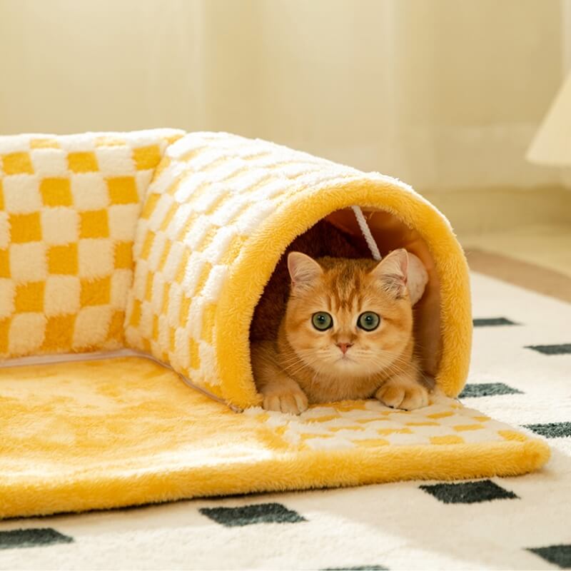 2-in-1 Plush Plaid Checkered Cat Tunnel  Bed