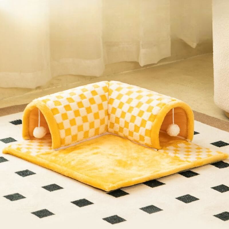 2-in-1 Plush Plaid Checkered Cat Tunnel  Bed